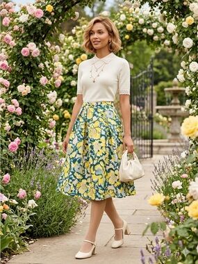 H&M VHTF Modern Classic Floral Pleated Skirt - Yellow/Green - Size 6 - EUC